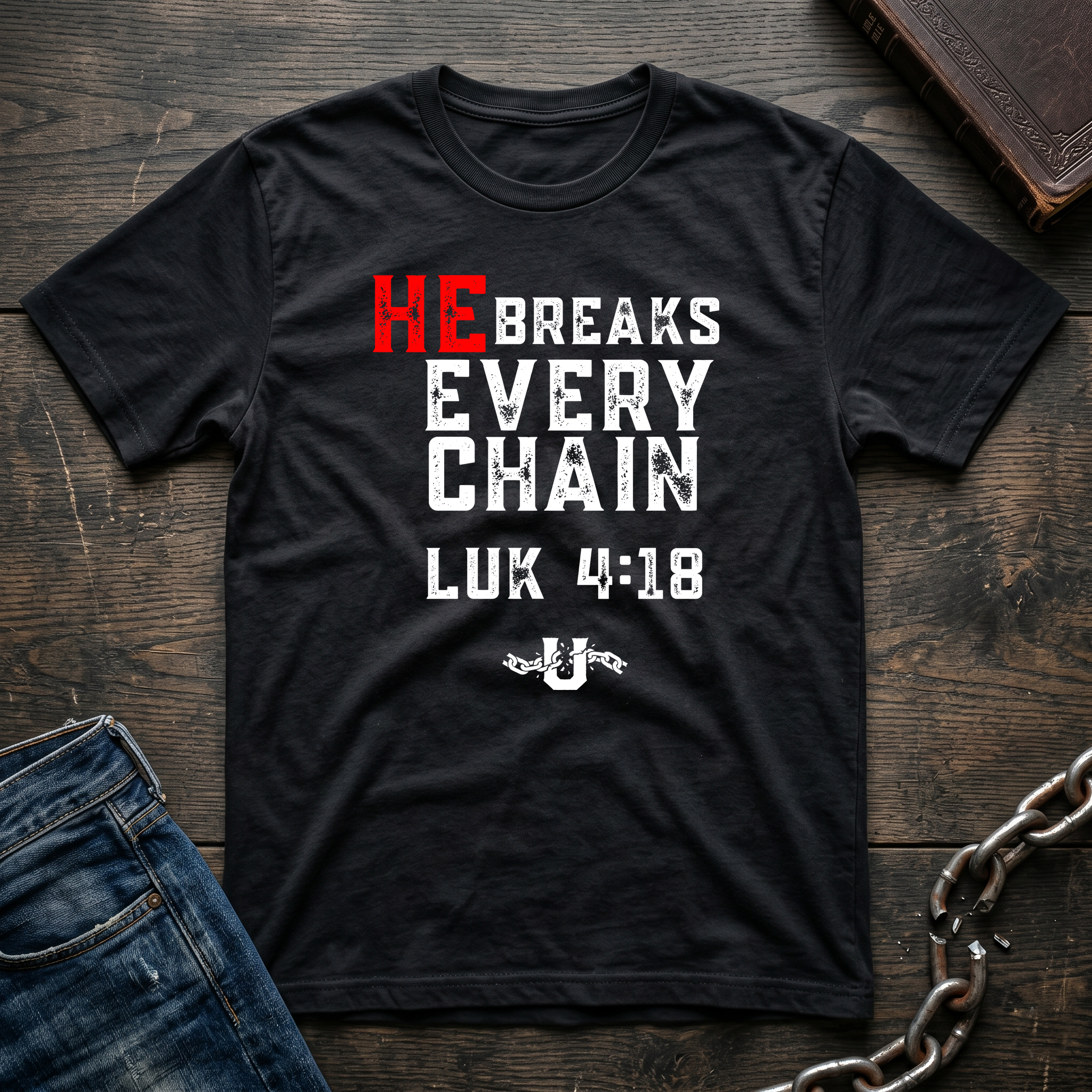 He Breaks Every Chain Christian Apparel - Men's/Unisex Faith T-Shirt - Black